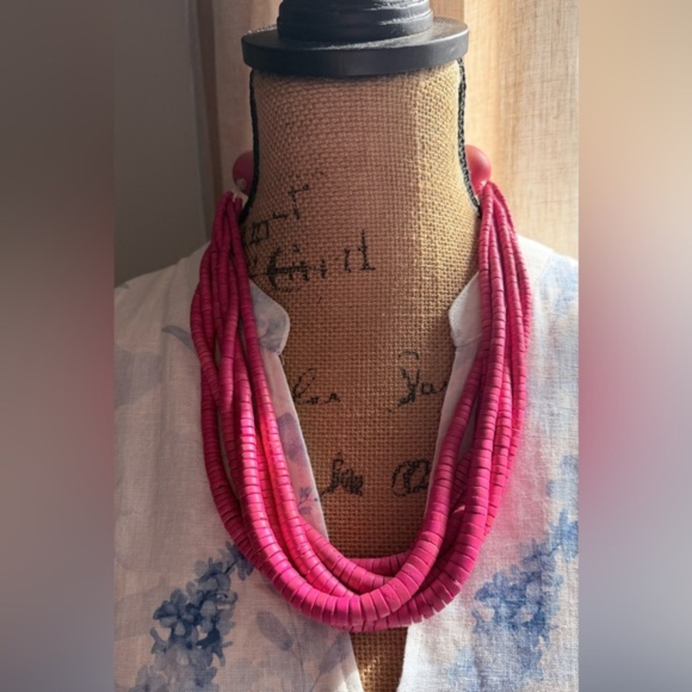 Vintage Handcrafted Fuchsia Multi-Strand wooden Necklace - Women Jewelry